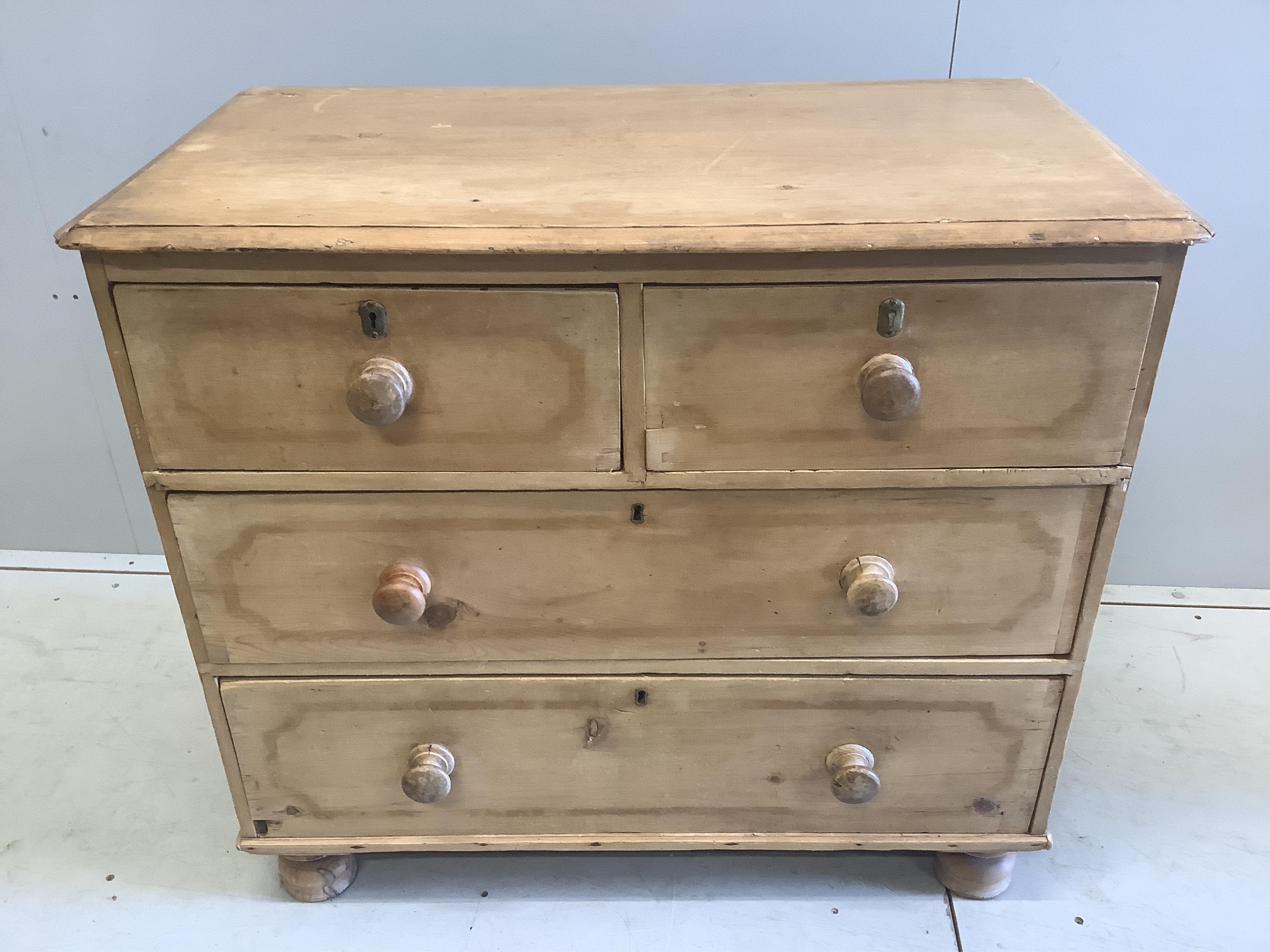 A small Victorian pine chest of drawers, width 89cm, depth 49cm, height 79cm. Condition - fair
